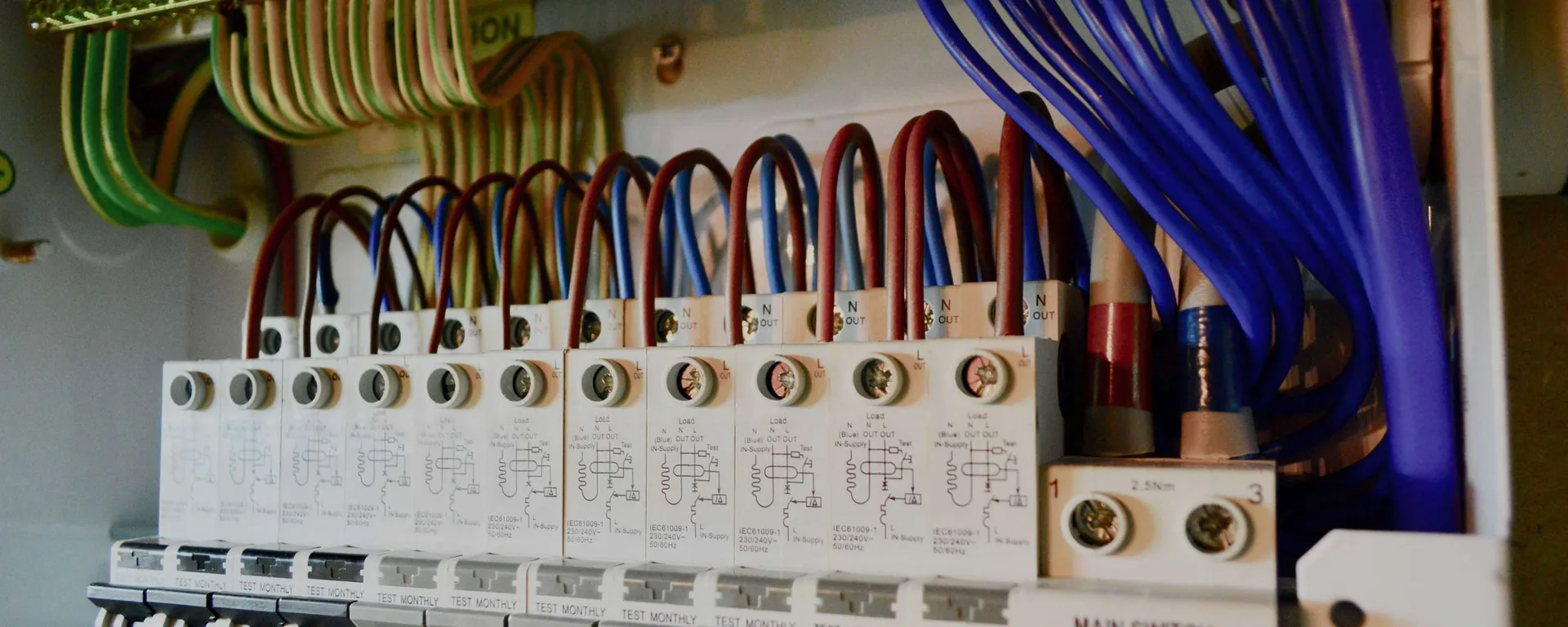 Close-up of an installed consumer unit with surge protection